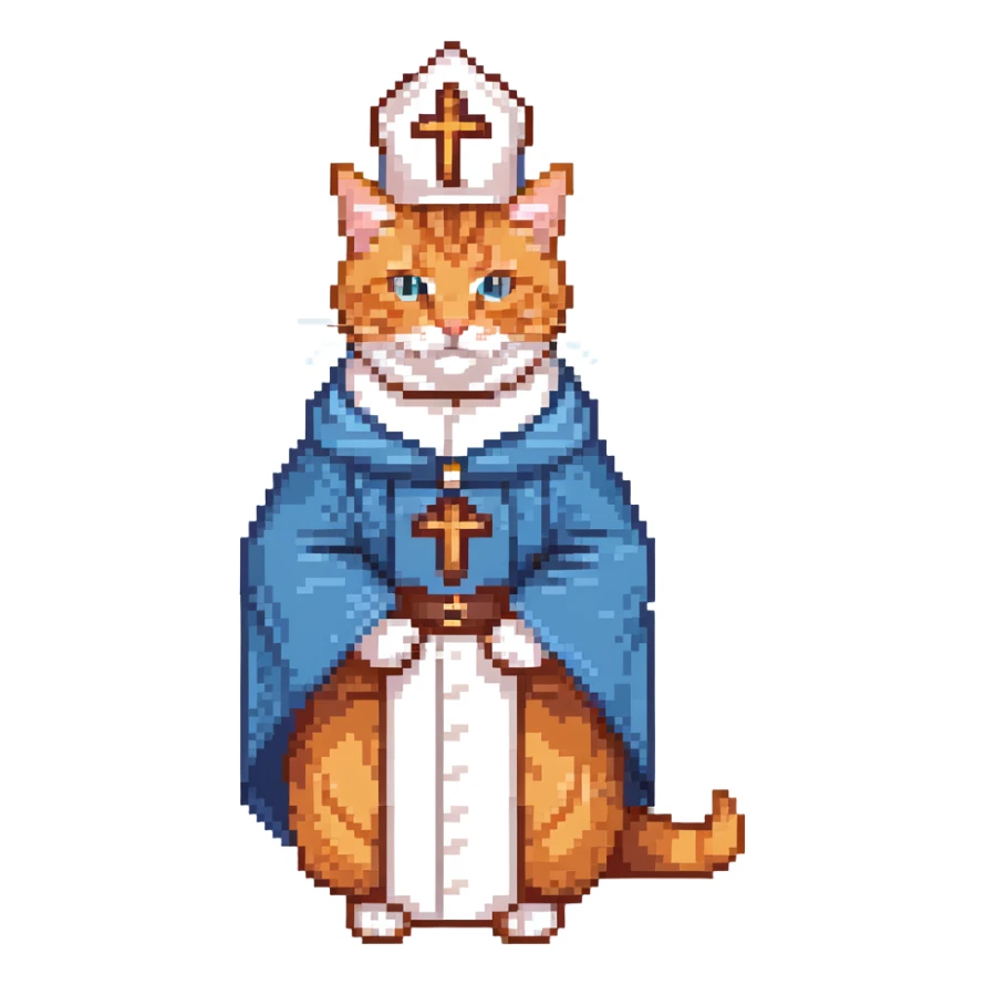 orange tabby cat dressed as a pope, with papal hat and robes sticker