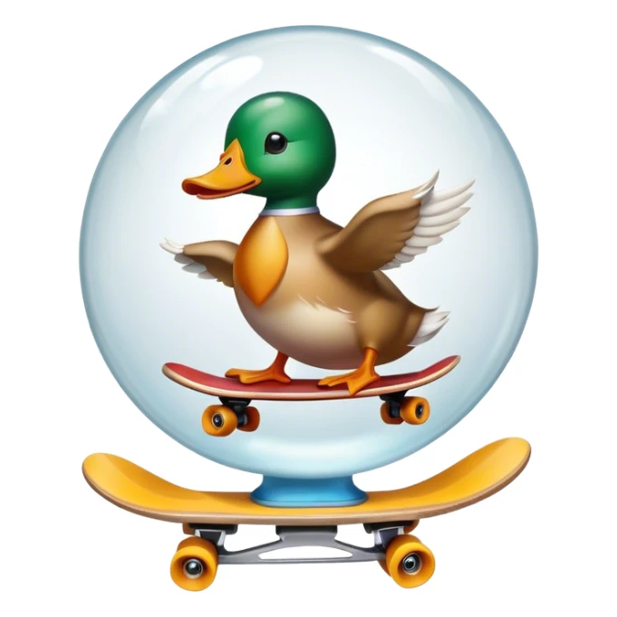 A large glass sphere a duck riding a skateboard inside sticker