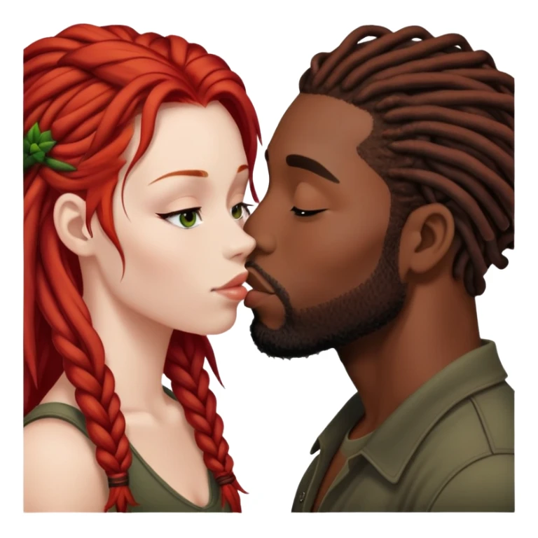 Mulher de cabelos ruivos e pele branca. O homem tem dreads nos cabelos e é negro. Ambos se beijando.  sticker