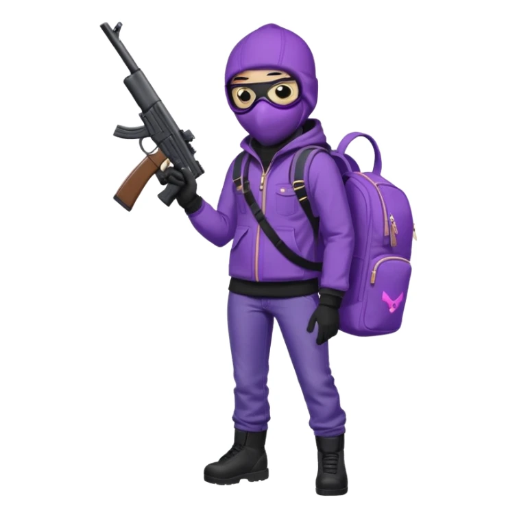YN wearing a ski mask, holding a gun, purple jeans, Sprayground bookbag, confident stance sticker
