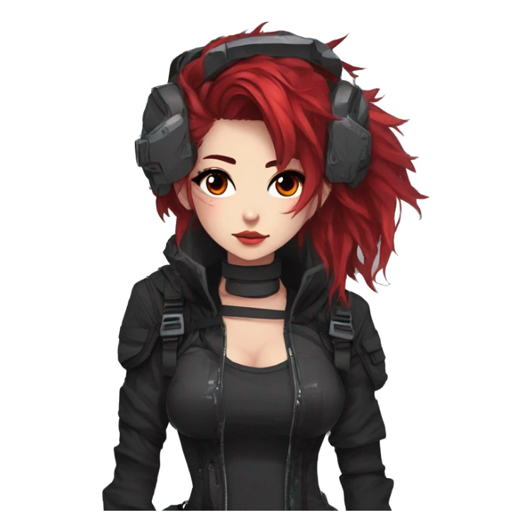 Gorgeous techwear anime style lady with blushing face aesthetic and pretty edgy black red punk messy hair and collar and harness trending style sticker