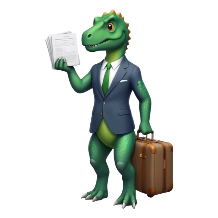 office Dinosaur in a suit, a huge luggage full of papers, trip sticker