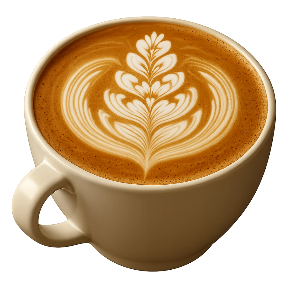Add beautiful latte art on top of the latte, keep realistic texture and gentle lighting, no background. Maintain a realistic style with natural textures and soft lighting to enhance the latte art's appearance. sticker