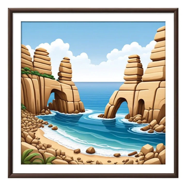 Cinematic Realistic Raouche Rocks Landmark Emoji, depicted with dramatic natural rock formations along the Beirut coastline rendered with intricate detail and dynamic natural lighting. sticker