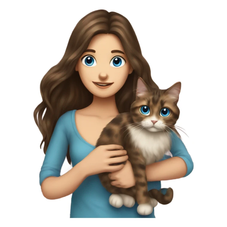 Long haired brunette blue eyed girl holding a long haired tortishell cat sticker