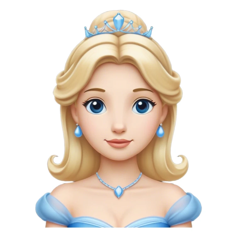 Cinematic Elegant Cinderella Portrait Emoji, rendered in a realistic, vector-style with minimal shading and bold, simplified shapes. Depict Cinderella in her classic ball gown (chest and above) with fair, porcelain skin and elegantly styled blonde hair, her eyes soft and kind, and her expression serene and graceful. The design glows with a gentle, enchanting radiance and high shine, capturing the timeless beauty of a fairy tale princess. sticker