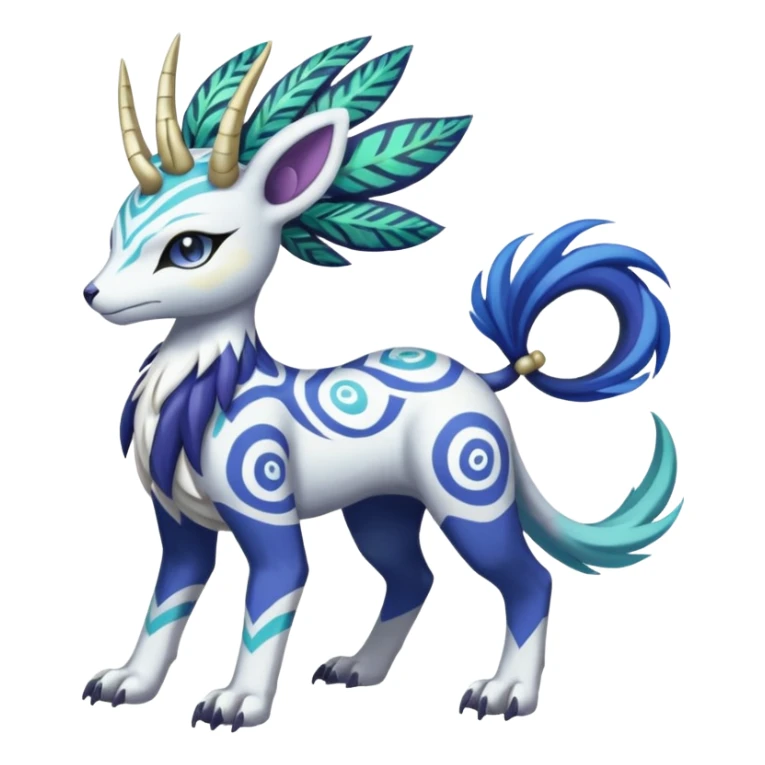 Tropical Tiny Marked Patterned Tribal Colorful Skilled Adept Graceful Asian Painted Garurumon-Meloetta-Absol-Suicune-Cobalion-fusion-hybrid-creature (full body) sticker