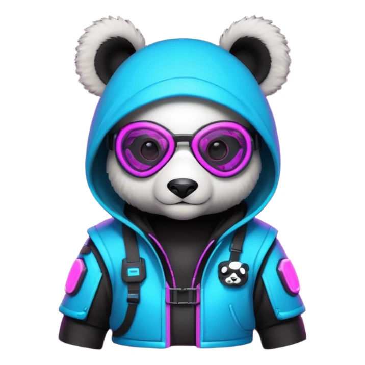 cute cyberpunk panda, neon hoodie, cyber goggles, glowing patterns, futuristic armor details, 3D cartoon, mobile game icon style, clean background, no text, no watermark
 sticker