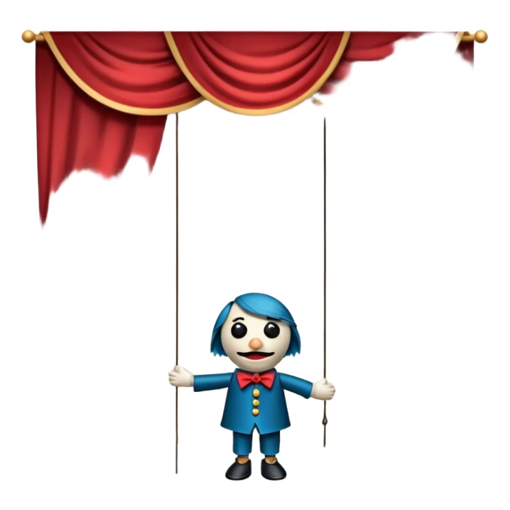 Icon for Puppet Theater: a puppet on strings with theatrical curtains in the background, along with a small stage and dramatic lighting. The icon should represent the whimsical and artistic nature of puppet performance. Transparent background. sticker