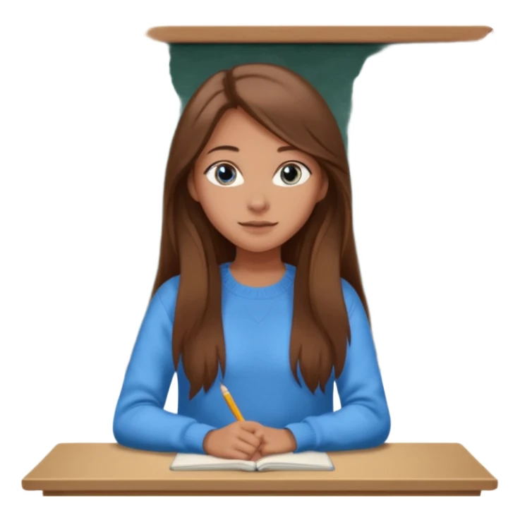 high school class room with a pretty female high school student with long brown hair, blue eyes sitting in front of the blackboard sticker
