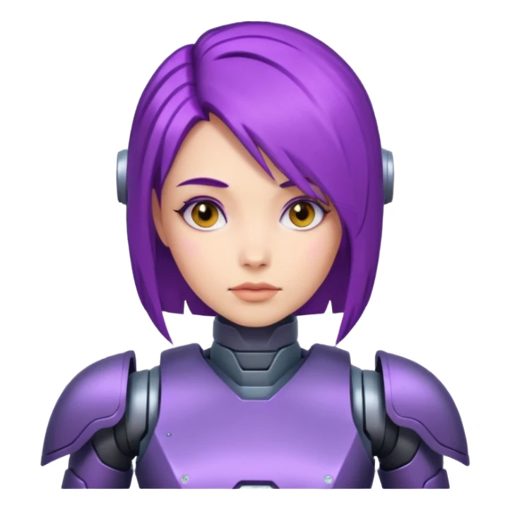 A woman with purple hair and a robot armor sticker
