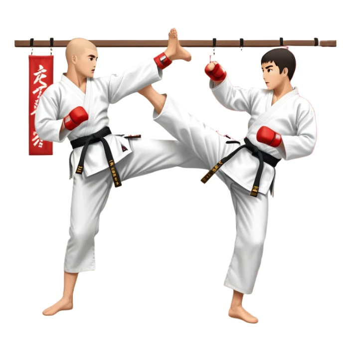 Two karate fighters in traditional gi sparring. One executes a high kick aimed at the opponent’s head, while the other blocks with a strong hand defense. The background features a classic dojo with wooden flooring and banners. Dynamic motion and focused expressions. Transparent background. sticker