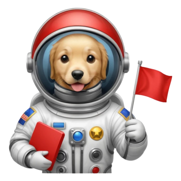 golden retriever body in space suit holding red rectangle flag sticker