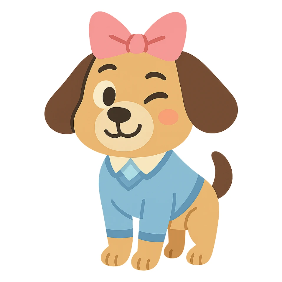 preppy dog with a pink head piece bow, winking, pastel toon style sticker