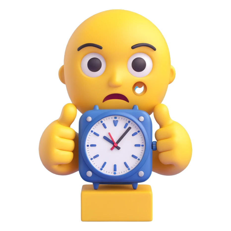 A yellow emoji face with a worried expression, looking at a wristwatch with raised eyebrows, showing urgency and stress sticker