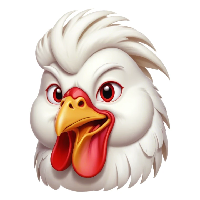 Cinematic Comical White Rooster Portrait Emoji, Head tilted dramatically with an exaggeratedly shocked or amused expression, featuring a striking pure white plumage with a bold red comb, wide, expressive eyes filled with playful disbelief, Simplified yet hilariously expressive features, highly detailed, glowing with a slightly sassy glow, high shine, dramatic yet playful, stylized with an air of cheeky mischief, bright and endearing, soft glowing outline, capturing the essence of a spirited and over-the-top rooster, so meme-worthy it feels like it could crow its way into internet fame instantly! sticker