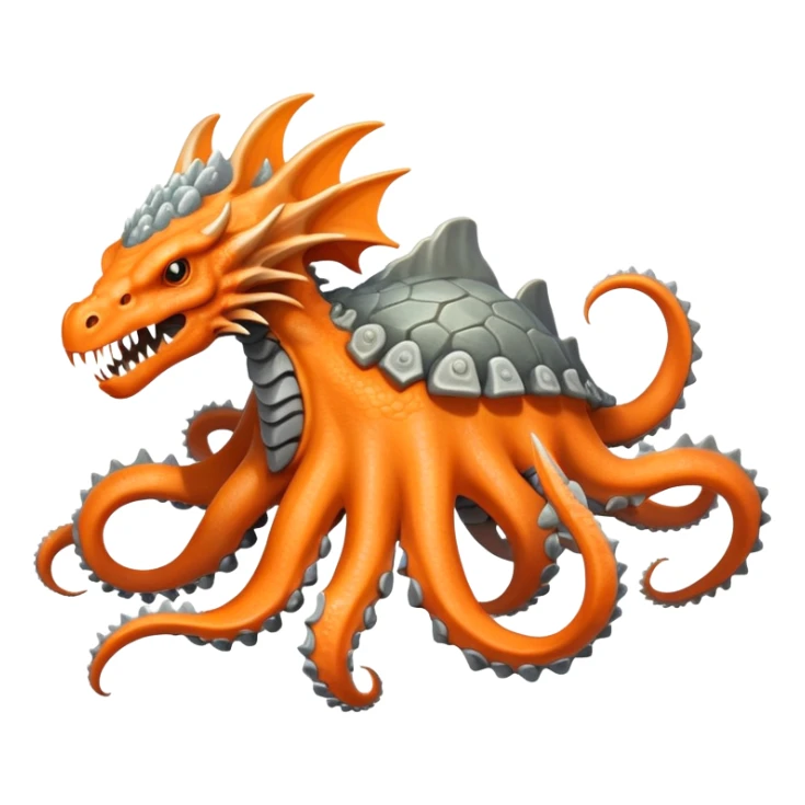 Create a hybrid rocky creature with the agile tentacles and dragon-like features of the orange and gray, but with rocky, crystalline growths forming armored segments along its body and a powerful stone jaw like Boulderbite, resulting in a territorial sea guardian that ambushes prey by disguising itself as a coral reef formation before striking with surprising speed. full body, only the creature sticker