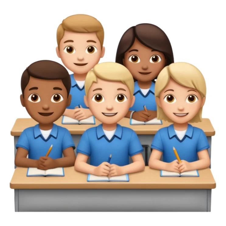 five school children not wearing uniform sitting in a row behind their school desks sticker