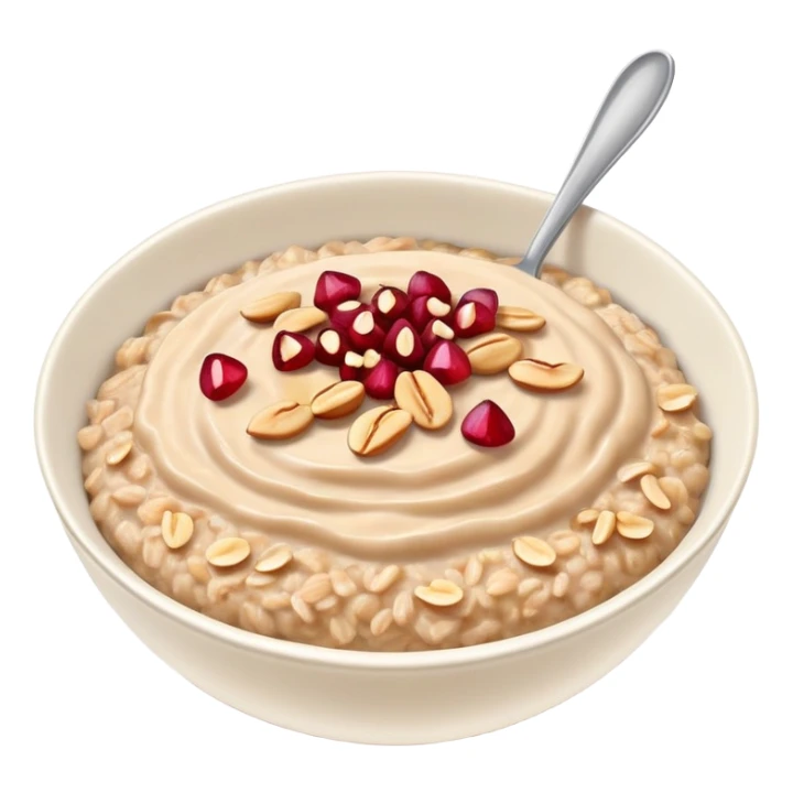 bowl of oatmeal with peanut butter, coconut flakes and pomegranate seeds sticker
