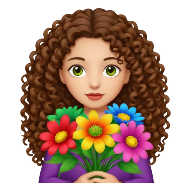 light skinned brunette long curly haired girl with green/hazel eyes holding big bright bunch of flowers. White background. sticker