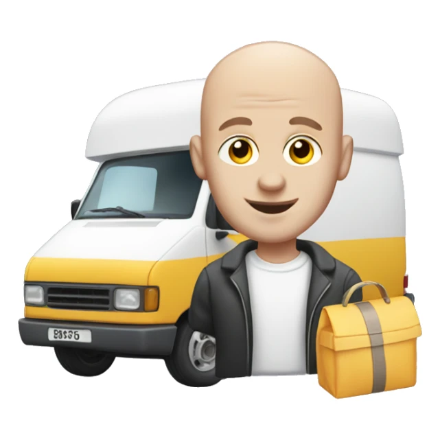 Bald man with a white van and a bag of sweets sticker