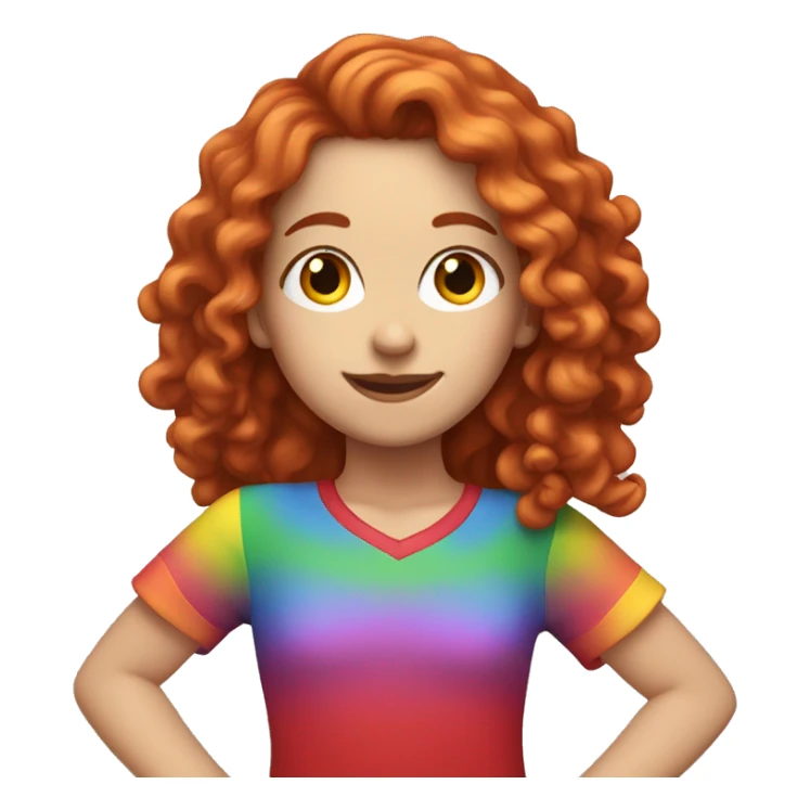 white girl with long red curly hair, wearing a rainbow shirt doing a pose sticker