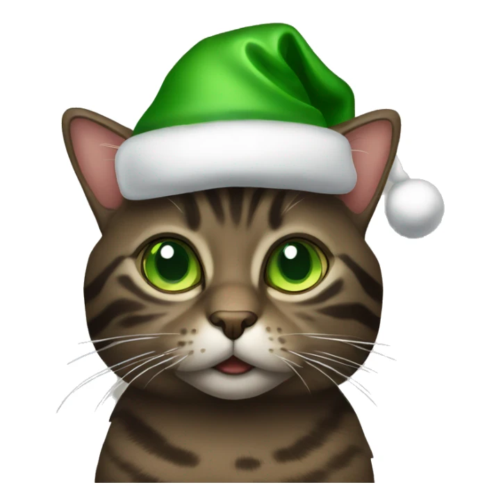 Dark brown tabby cat with green eyes wearing Christmas hat sticker