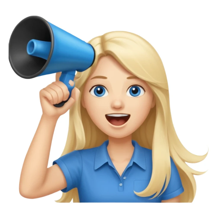 blue eyes blonde girl yelling into megaphone saying timeout long hair smiling sticker