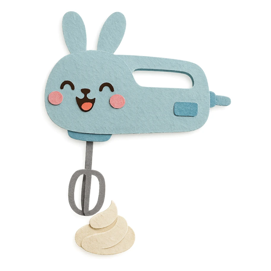 cute rabbit-shaped hand mixer, spinning cream, joyful face, soft pastel blue, full-body sticker