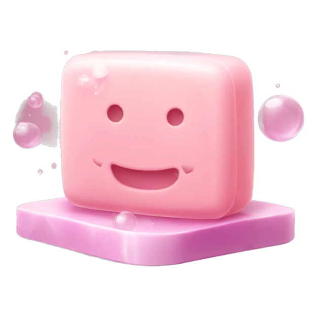 Light pink soap bar sitting on a soap holder, with soap bubbles  sticker