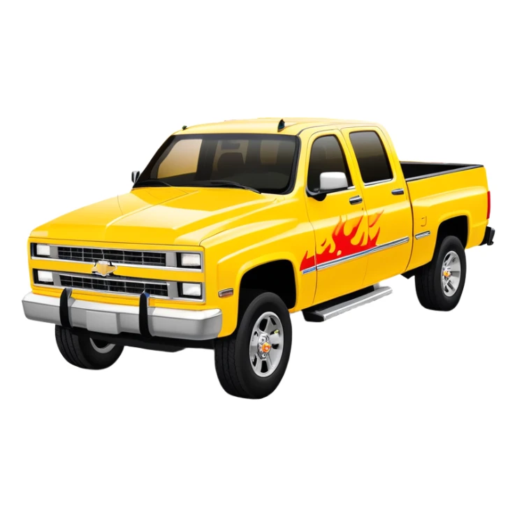 Yellow Chevrolet C-2500 Crew Cab with movie-accurate red flame vinyl graphic on the hood, exactly like the Kill Bill 'Pussy Wagon', 30-degree view, iOS emoji style sticker