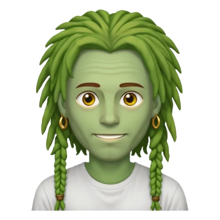 man with brown dreads covering forehead white tee golden eyes light green skin  and white smile sticker