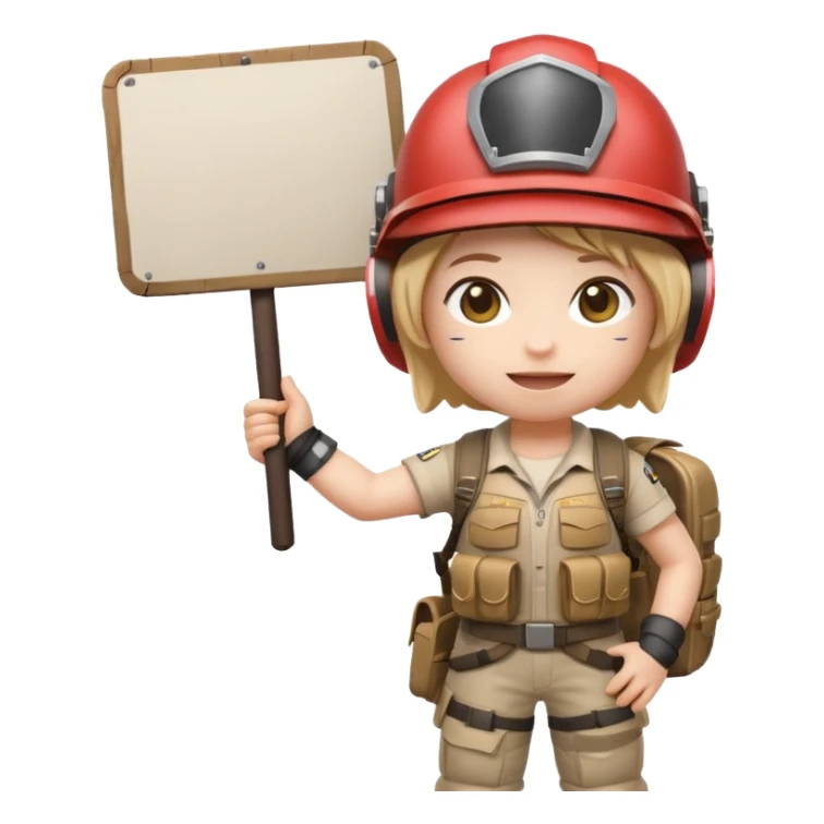 Create a cute emoji-style PUBG Mobile character, chibi version with helmet and backpack, standing in victory pose, holding a blank white sign or paper sheet in both hands in front of chest, ready for text, clean white background, simple emoji design” sticker
