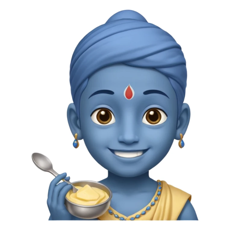 Kid Krishna, smiling, sitting with butter pot, blue skin sticker
