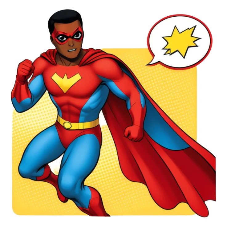 Vintage American comic book style, 2-3 overlapping panels, bold black outlines, halftone dots, retro color scheme (red, yellow, blue), dynamic action, speech bubbles, minimalistic design, transparent background. sticker