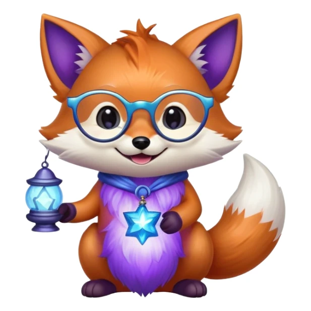 A small magical fox with shimmering purple and blue fur, a glowing fluffy tail, a silver star on its forehead, and round glasses, holding a tiny magical lantern, laughing with tears of joy in its eyes. 🦊😂 sticker