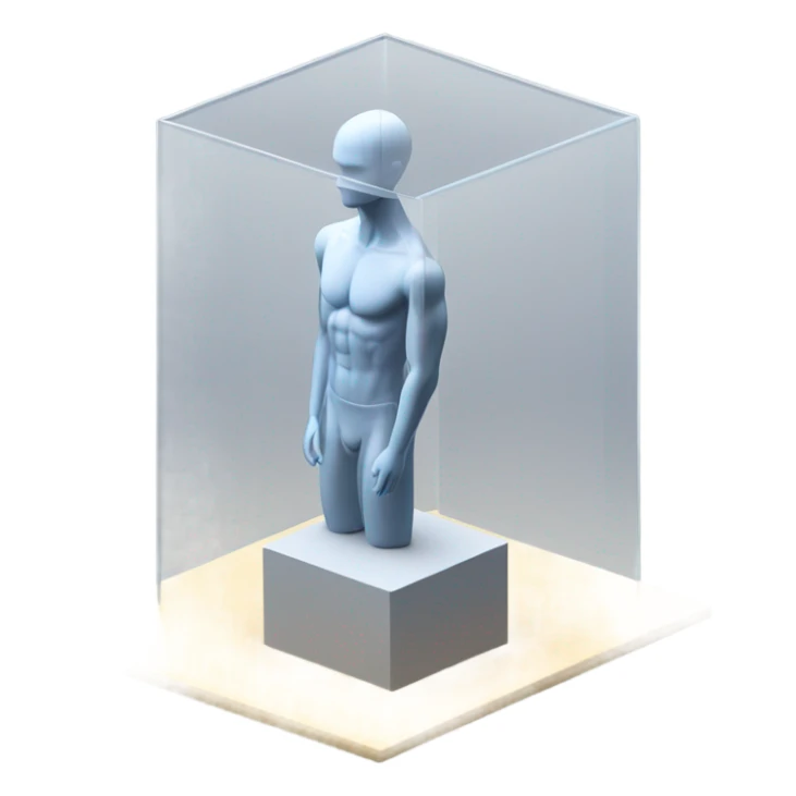 male mannequin abs cubes inside a glass cube on a stand isometric view sticker