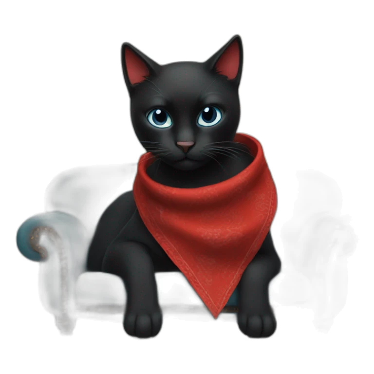 A black cat with a red bandana clawing at a blue sofa sticker