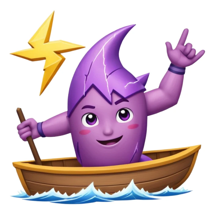 a buff purple anthropamorphic lightning bolt sailing away on a boat sticker