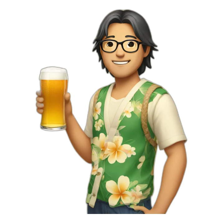 Japanese wearing roundglasses alohashirt is holding beer sticker