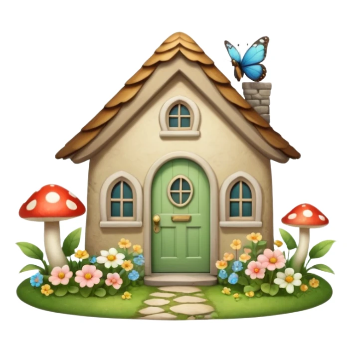 Cottagecore style, highly realistic, whimsical cute, vintage vibe, small cottage with a little garden in front with flowers, a mushroom, green frog and butterlies, with a vintage pale front door. Still life design. sticker