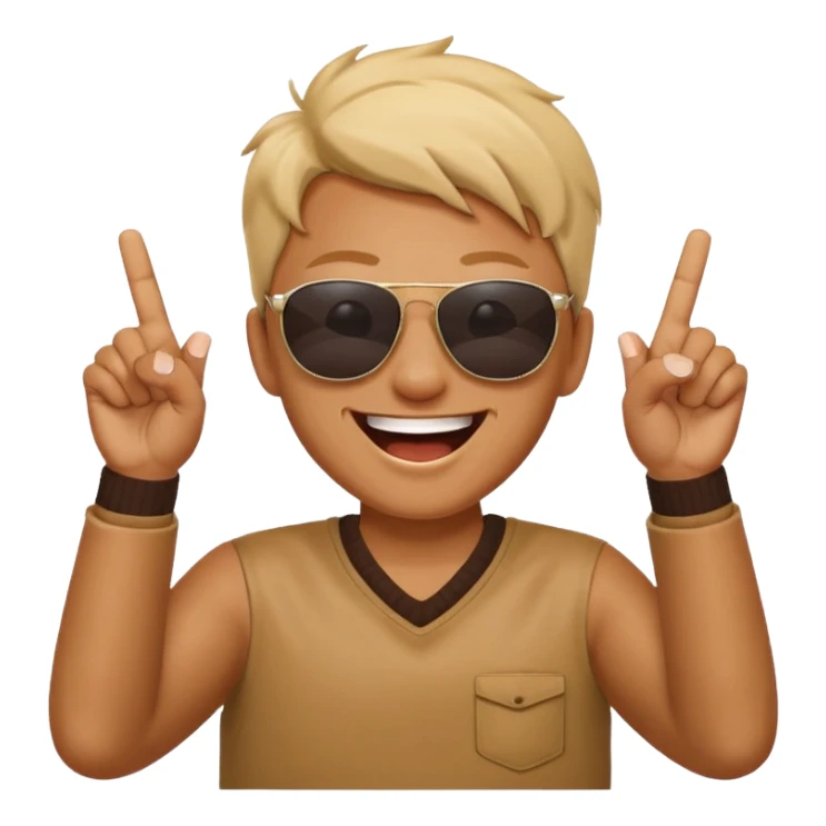 face laughing wearing sunglasses with both hands raised showing middle fingers sticker