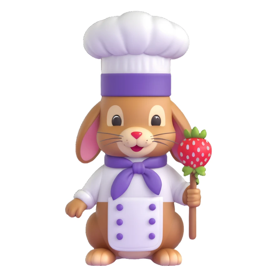 A 3D iOS 18-style bunny wearing a purple chef hat with white polka dots and a red strawberry. The bunny should have a light brown fur texture with darker brown ears and a cute, friendly expression. sticker