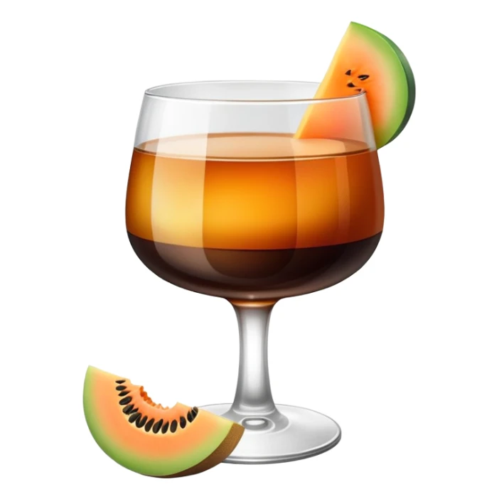 small clear glass with layered carajillo drink - amber liquor on bottom, dark coffee on top, with a slice of cantaloupe melon on the side sticker
