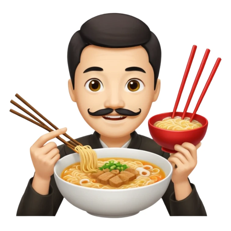 Chinese guy, yellow emoji, with long moustache smiling with ramen sticker