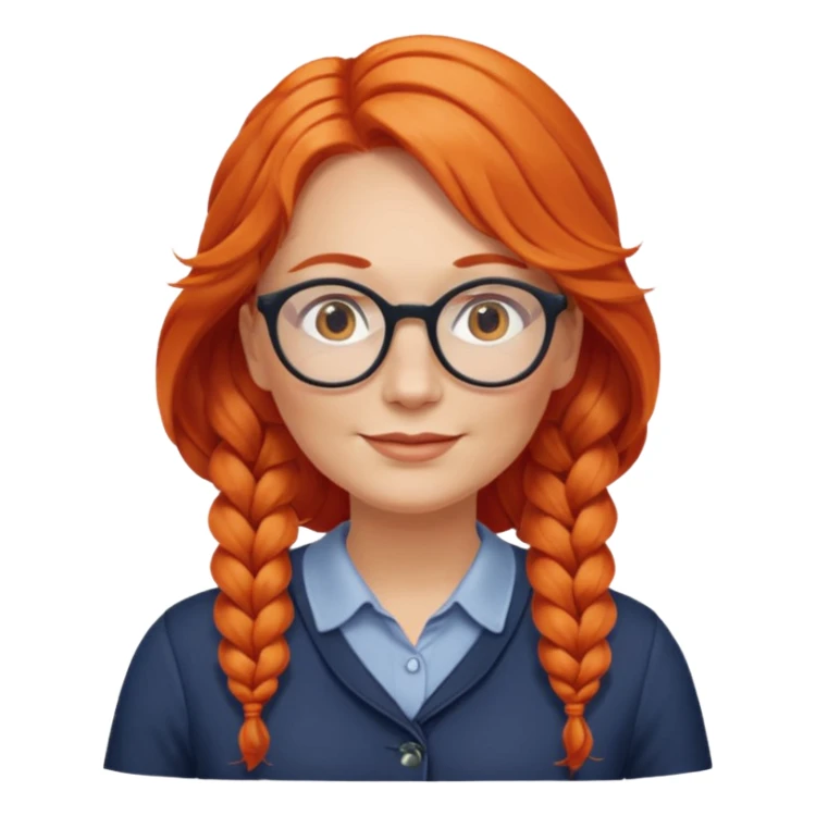 Norwegian woman, middle-aged, long wavy orange-red hair in a single side braid, large round glasses, friendly look sticker
