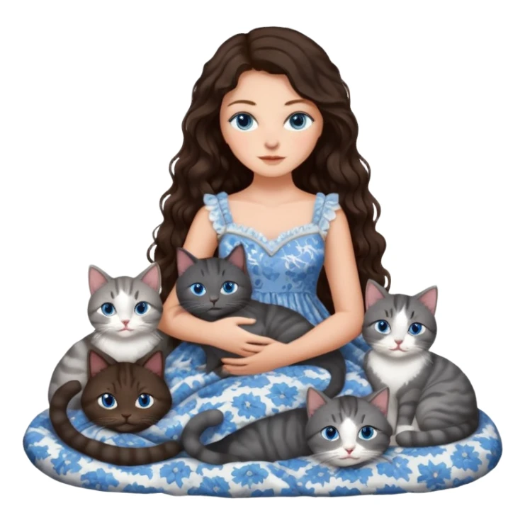 detailed realistic looking a dark grey and white cat regally laying with six other cats, cuddling with their owner in bed who is a pretty bratz lightly tanned white girl with long dark brown hair, blue eyes and gorgeous long wavy hair wearing a pretty detailed dress sticker