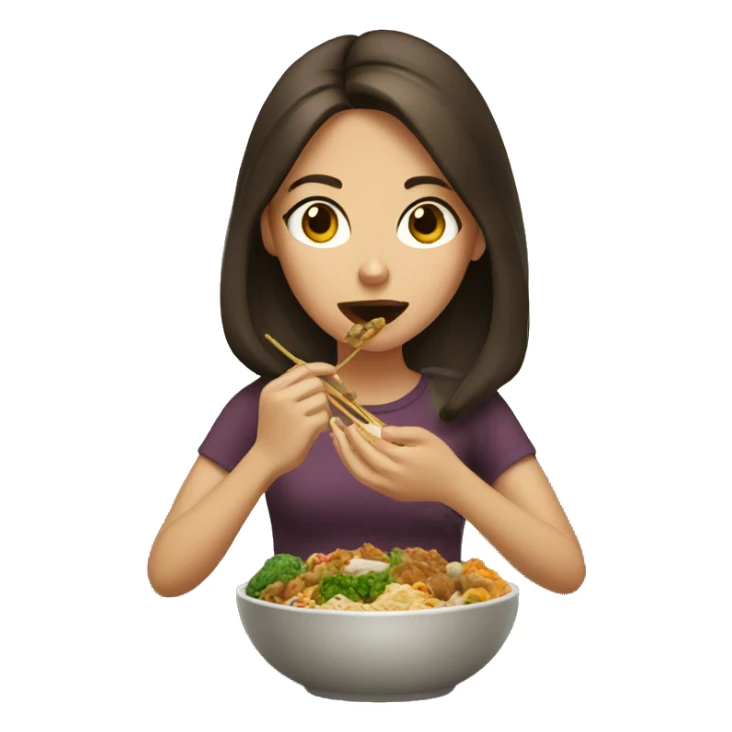 Brunette girl eating Asian food sticker