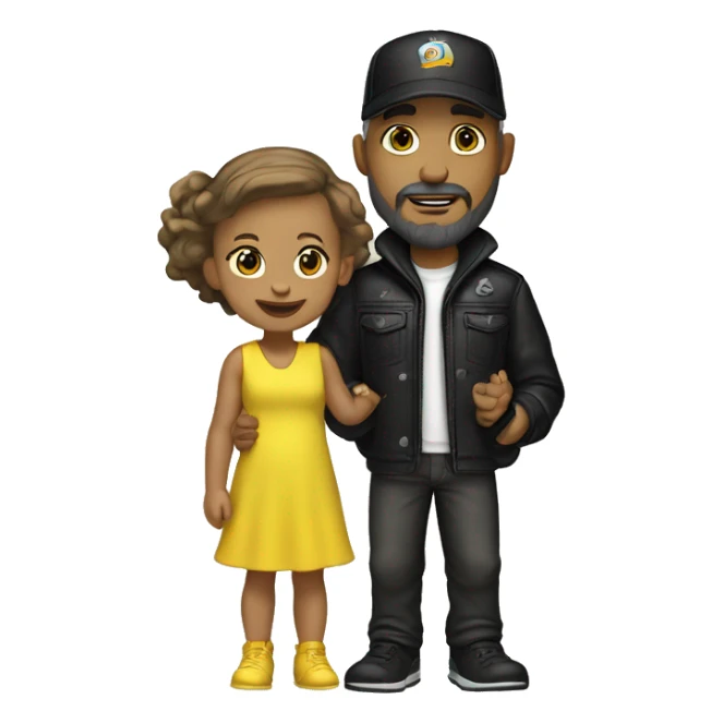 White-skinned man with stubble, gray beard, brown hair, black eyes, black Reebok cap, leather jacket, holding infant girl in yellow dress with yellow bow. sticker