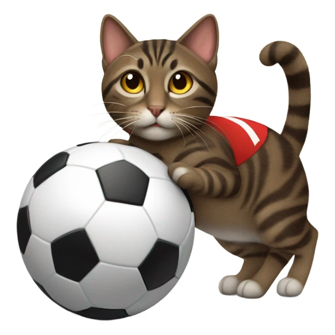 dark brown tabby cat playing soccer in a red soccer jersey sticker